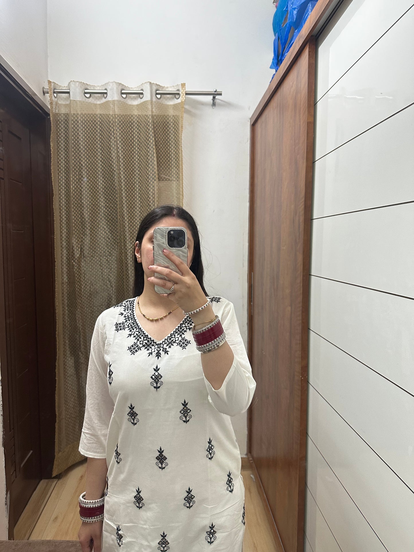 Elegant White Cotton Kurta Set with Black Embroidery