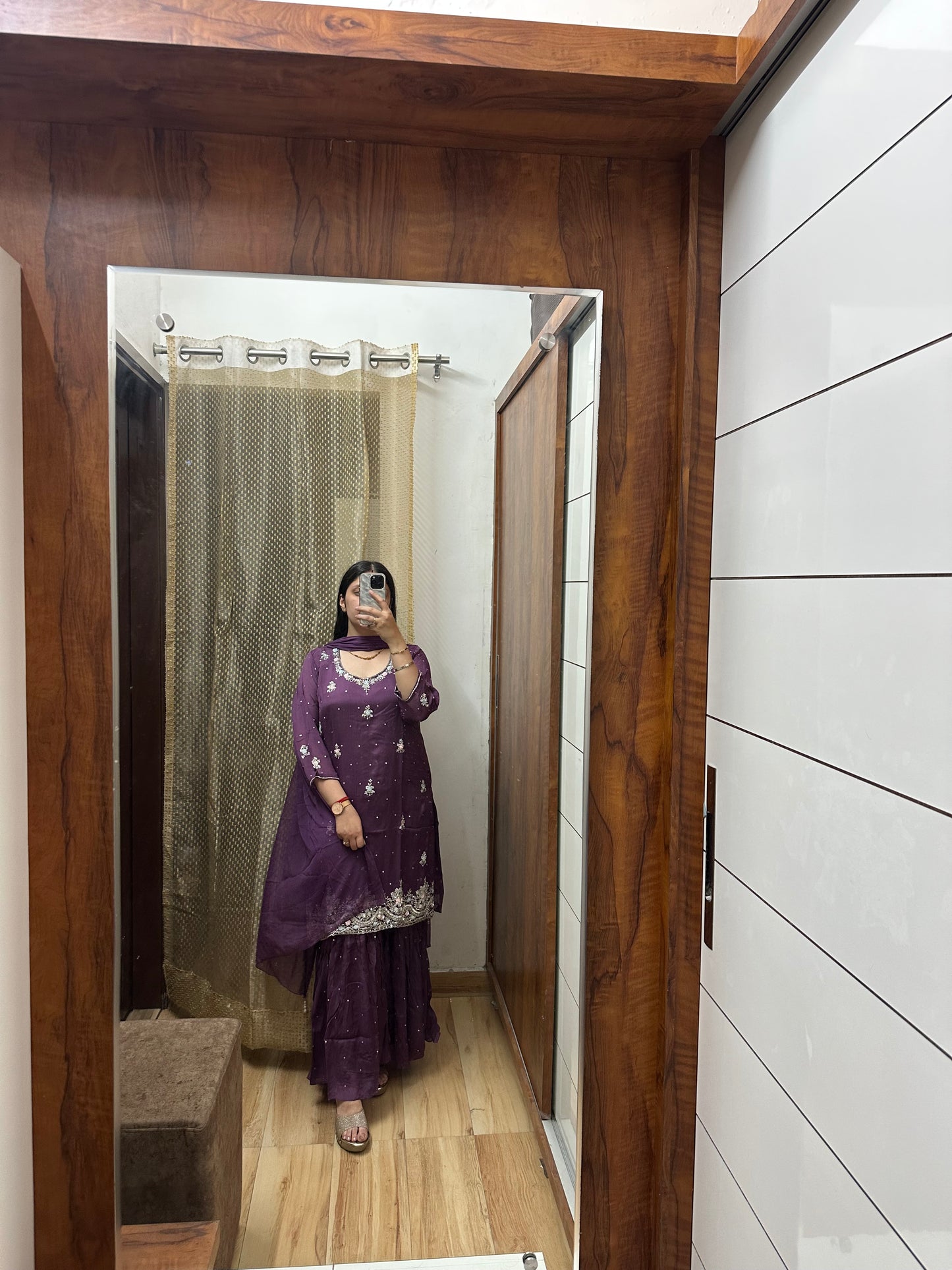 Deep Purple Embroidered Kurta with Gharara & Dupatta Set