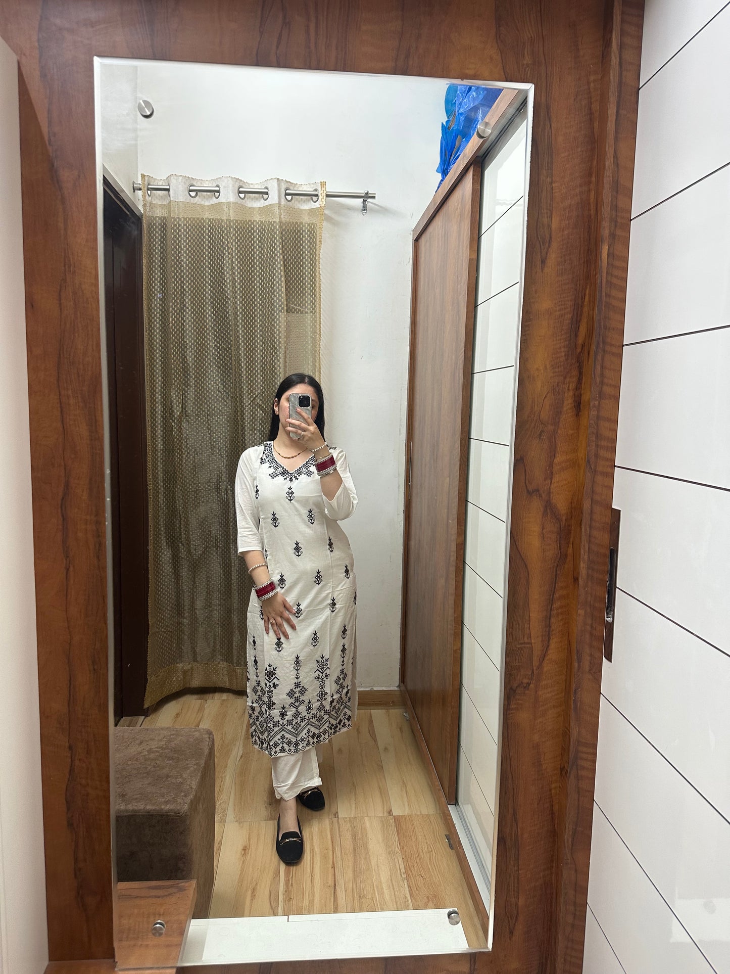 Elegant White Cotton Kurta Set with Black Embroidery