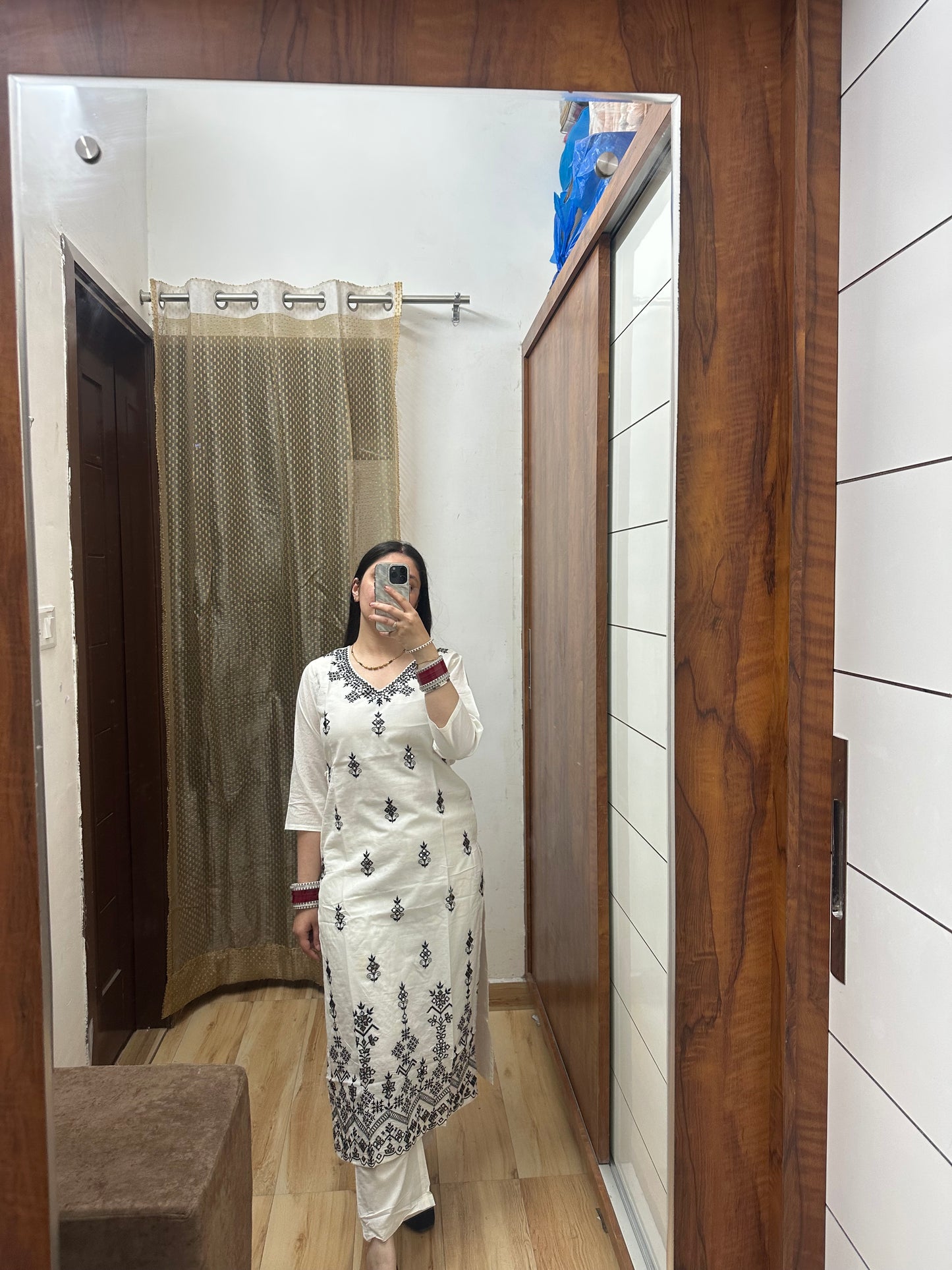 Elegant White Cotton Kurta Set with Black Embroidery