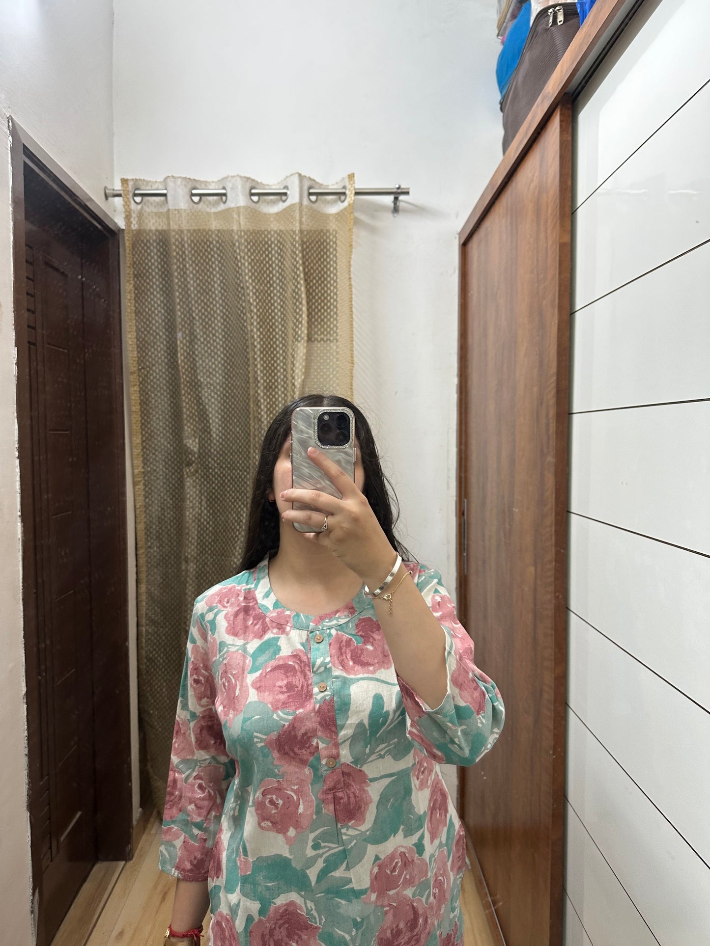 Mint Green & Rose Pink Floral Cotton Kurti – Fresh & Feminine