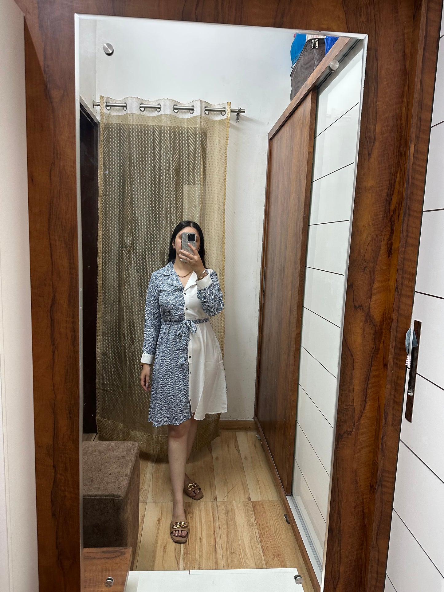 Women’s Half and Half Shirt Dress – Blue Printed and White Belted Shirt Dress