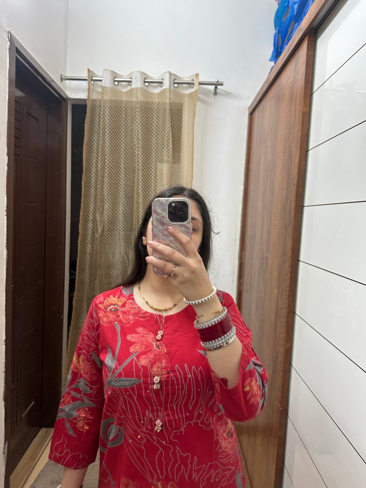 Elegant Red Cotton Kurta with Floral Print - Label Vaani Sethi -