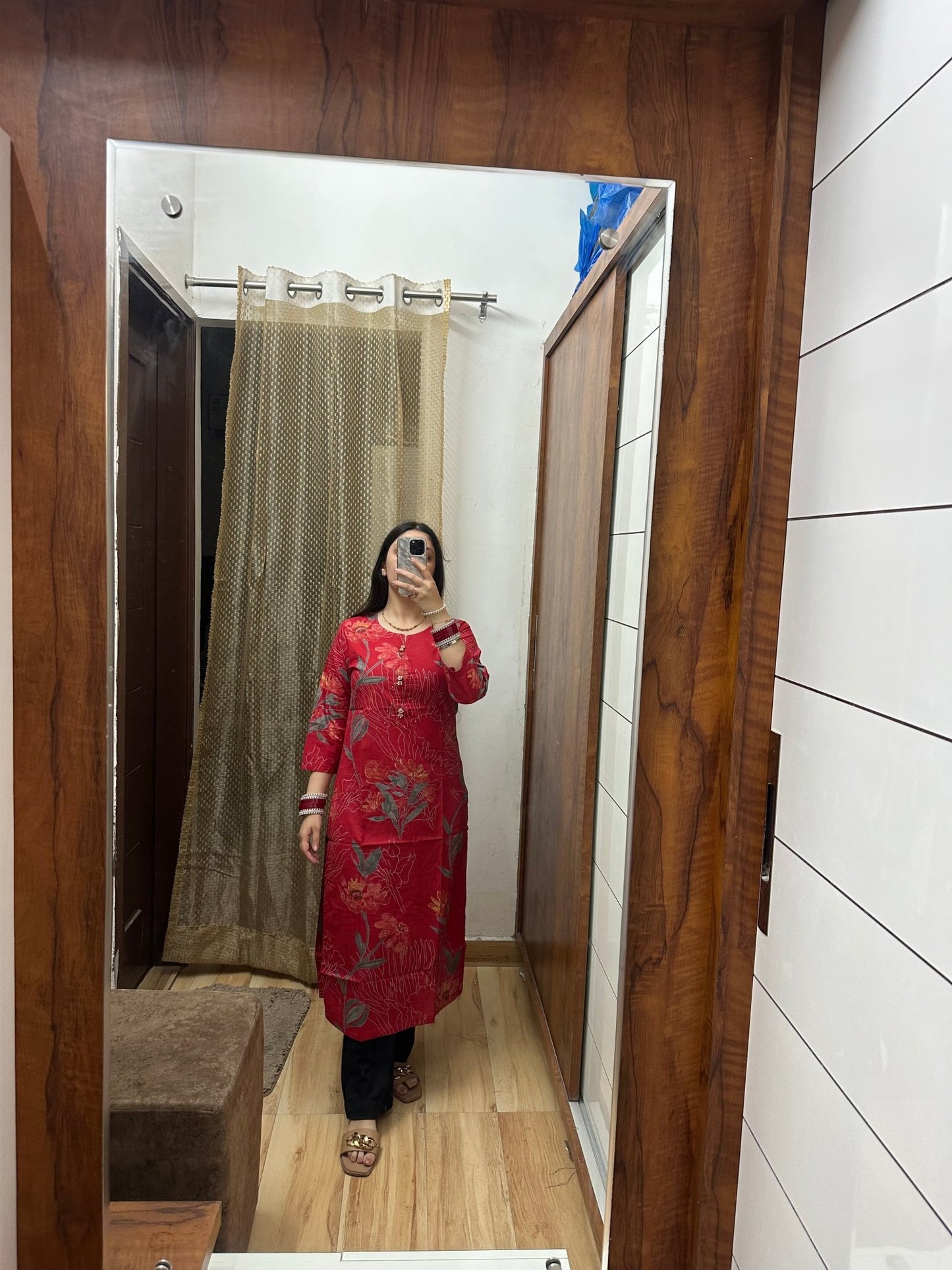 Elegant Red Cotton Kurta with Floral Print - Label Vaani Sethi -