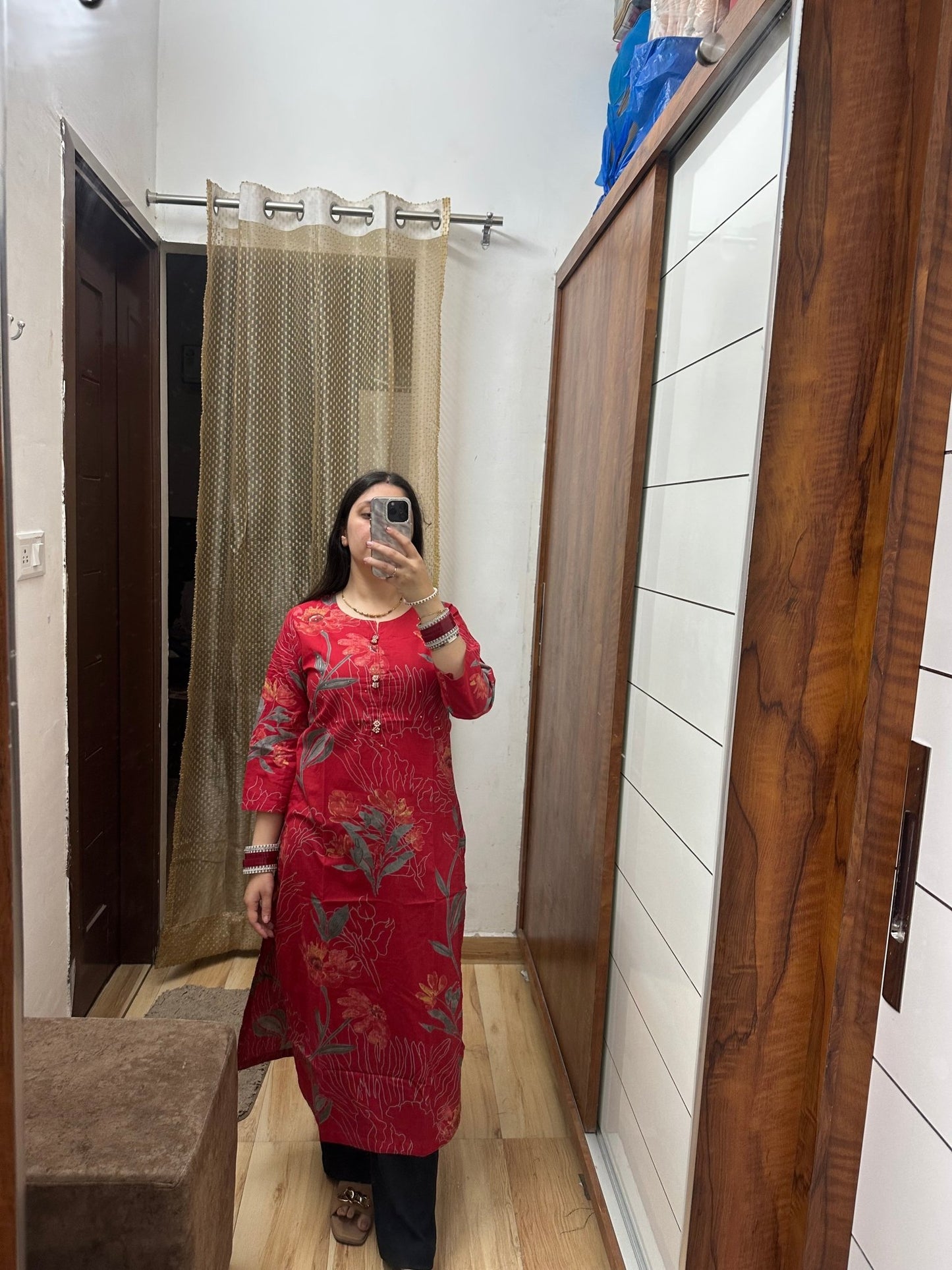 Elegant Red Cotton Kurta with Floral Print - Label Vaani Sethi -