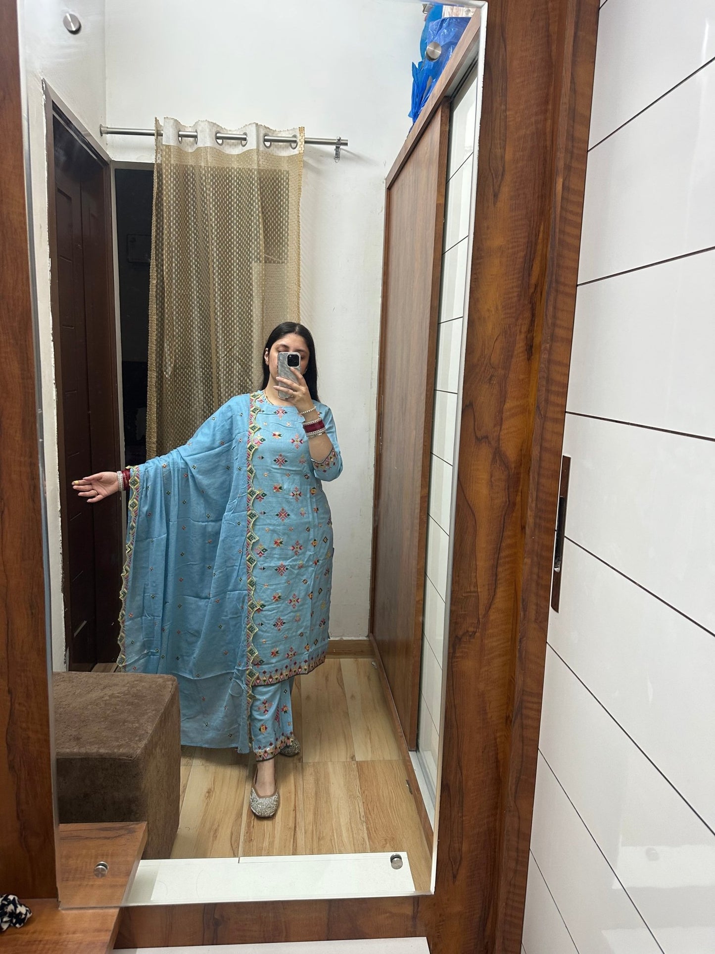 Elegant Sky Blue 3 - Piece Embroidered Suit Set - Label Vaani Sethi -