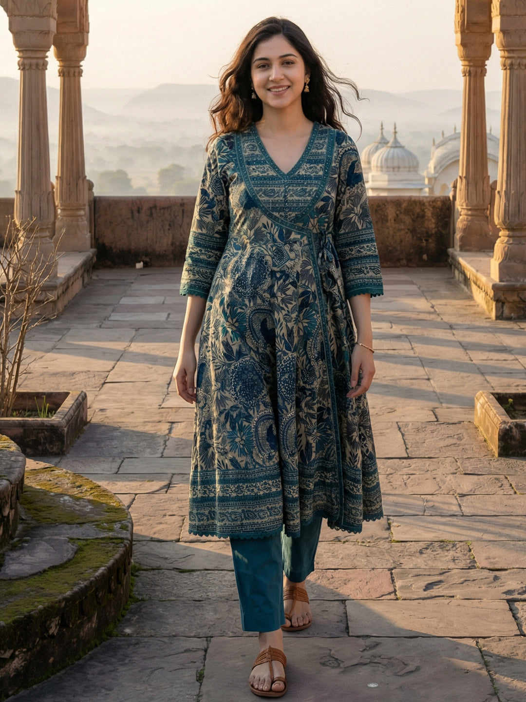 Teal Cotton Anarkali Suit Set for Women