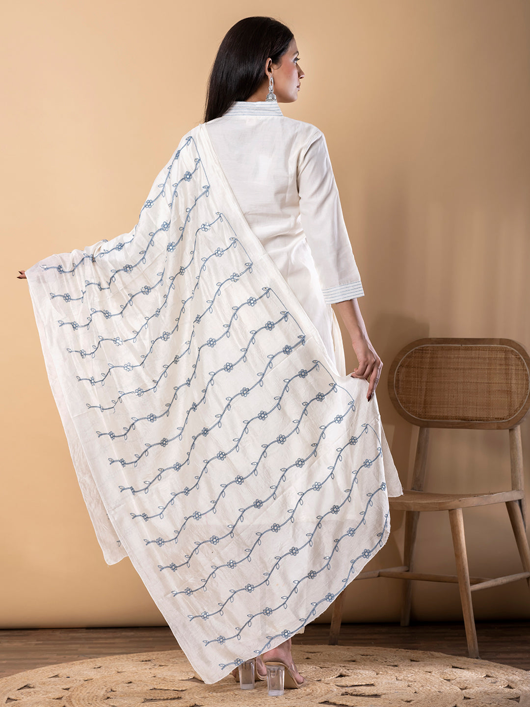 Women’s Off White Chanderi Cotton Kurta Set with Dupatta