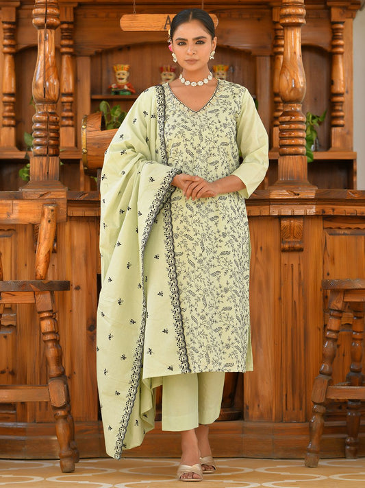 Pastel Green Cotton 3-Piece Suit Set