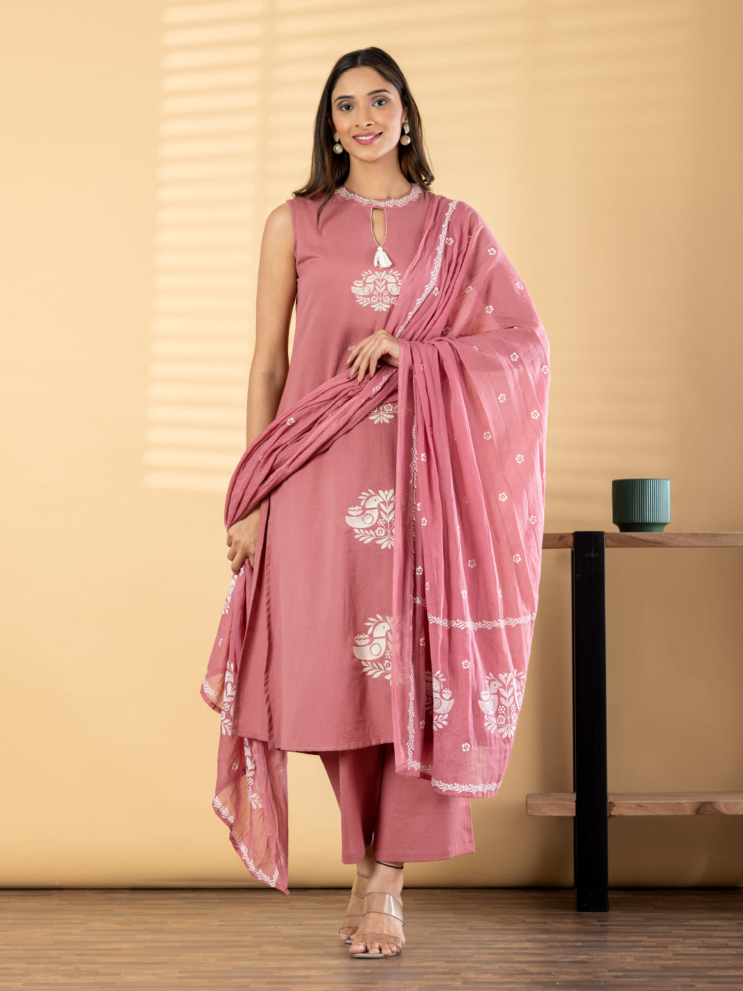 Dusty Rose Cotton Kurta Set with Dupatta
