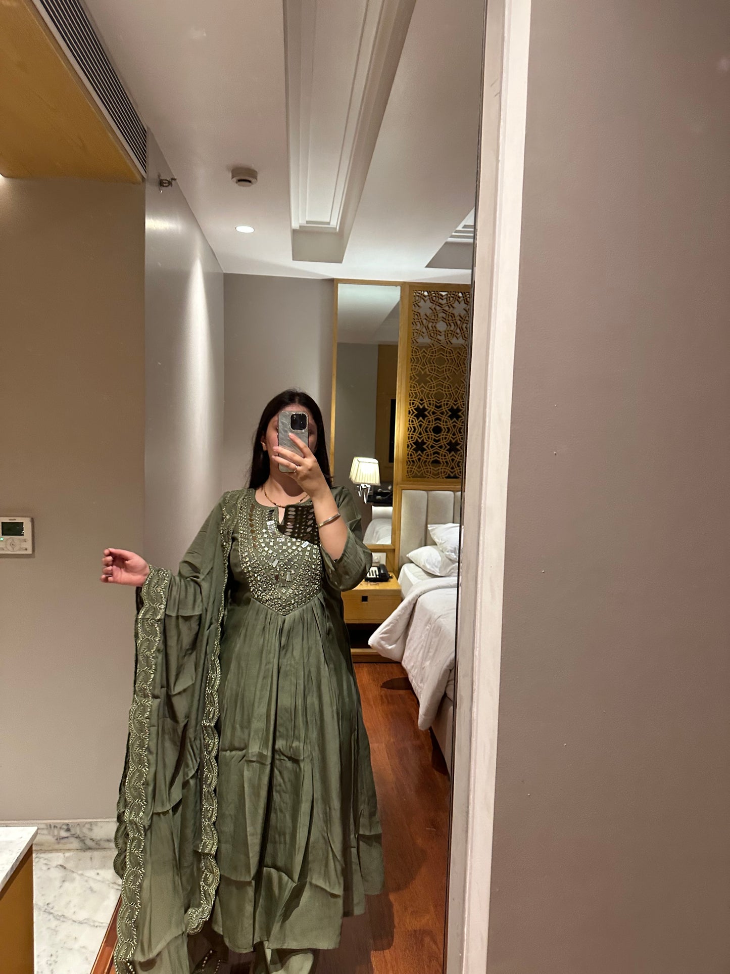 Olive Green Mirror Work Anarkali Set with Dupatta