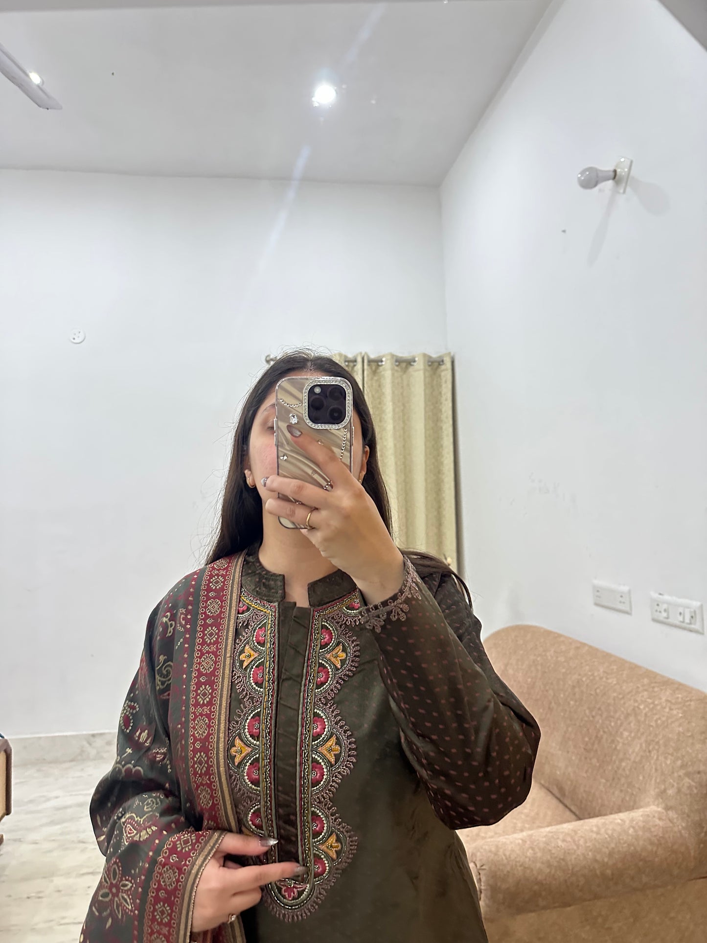 Olive Suede Velvet Suit Set with Intricate Embroidery & Banarasi Dupatta