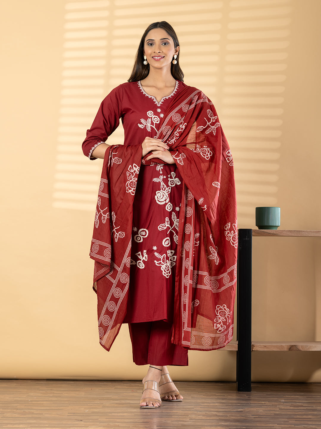 Maroon Cotton Suit Set with Printed Dupatta