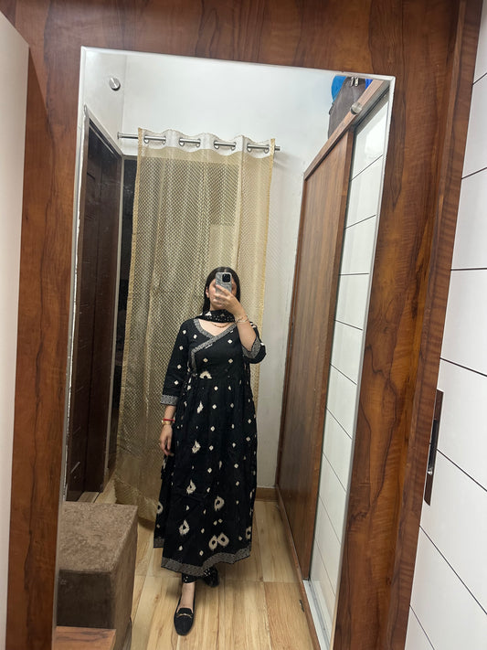 Printed Black Angrakha Style Anarkali