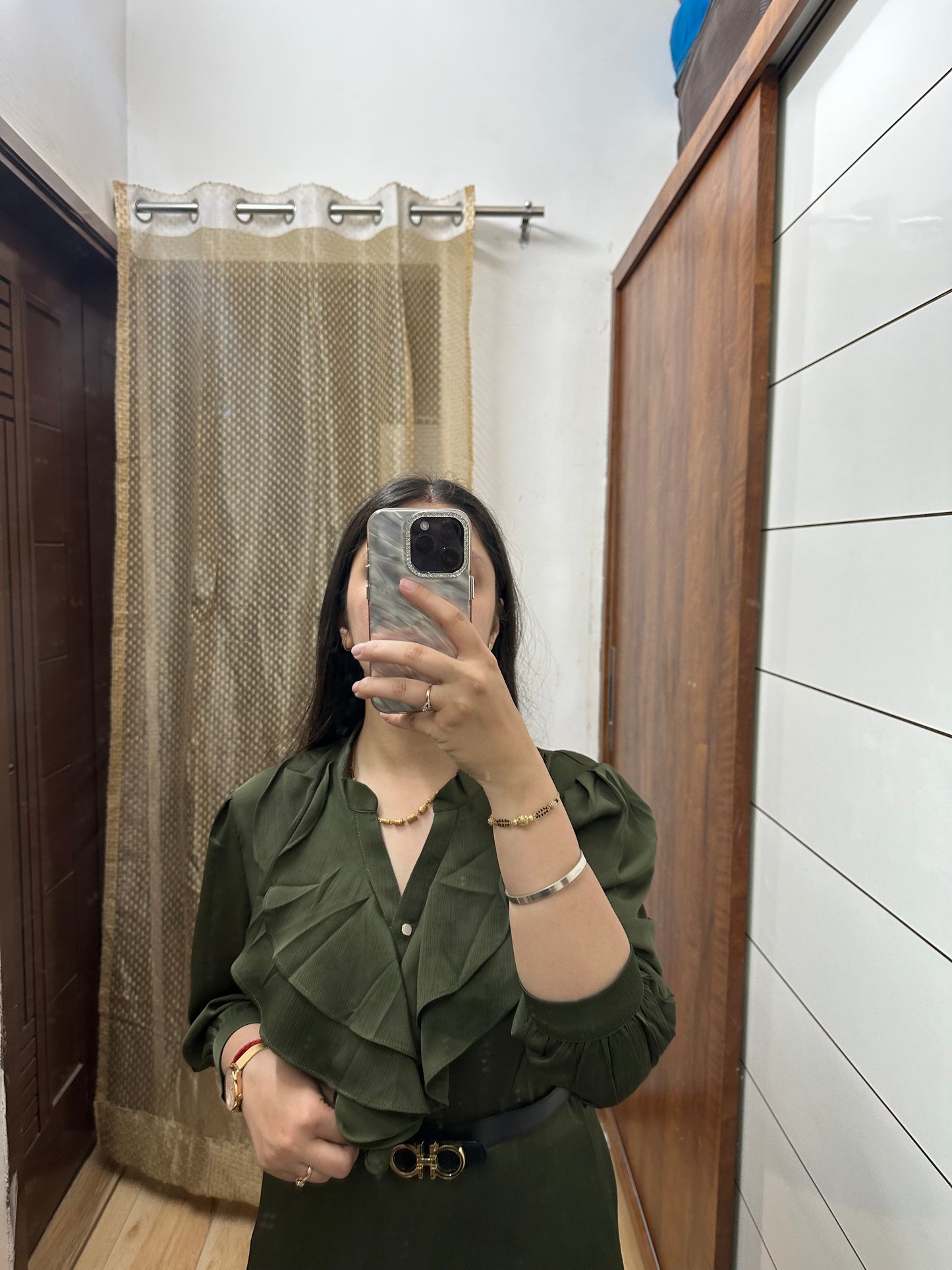 Olive Green Ruffle Midi Dress with Belted Waist