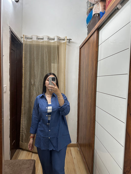 Denim Blue Shade Coord Set with Striped Crop Blouse