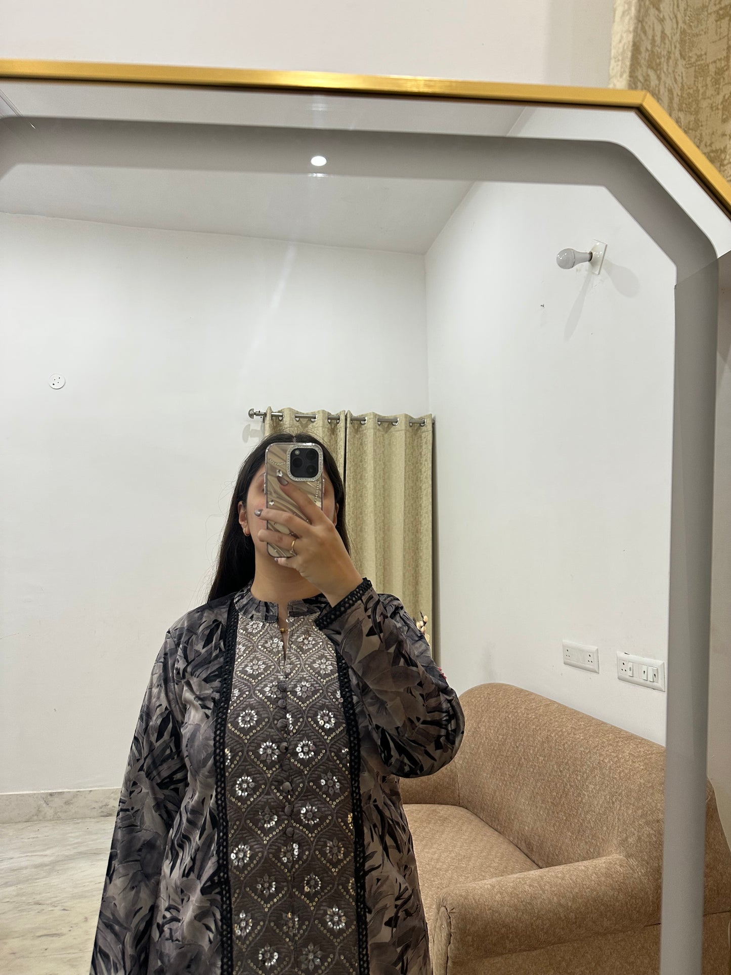 Black & Grey Printed Kurta Set with Full-Sleeve Overlay Design