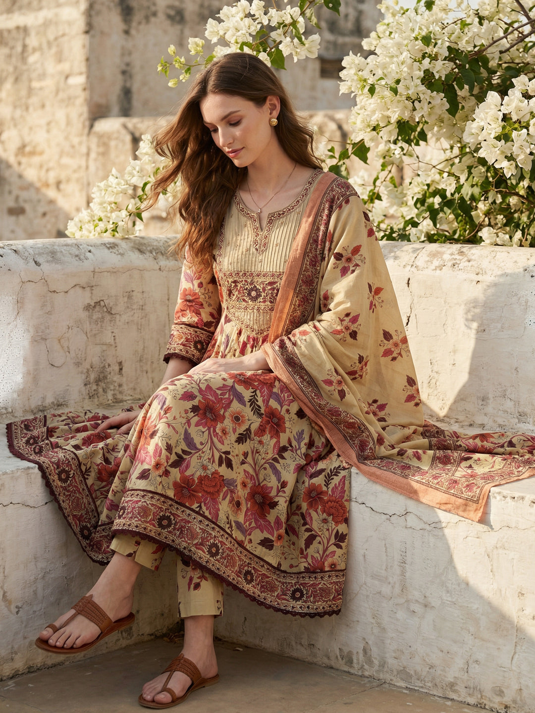 Beige Floral Cotton Anarkali Suit Set for Women