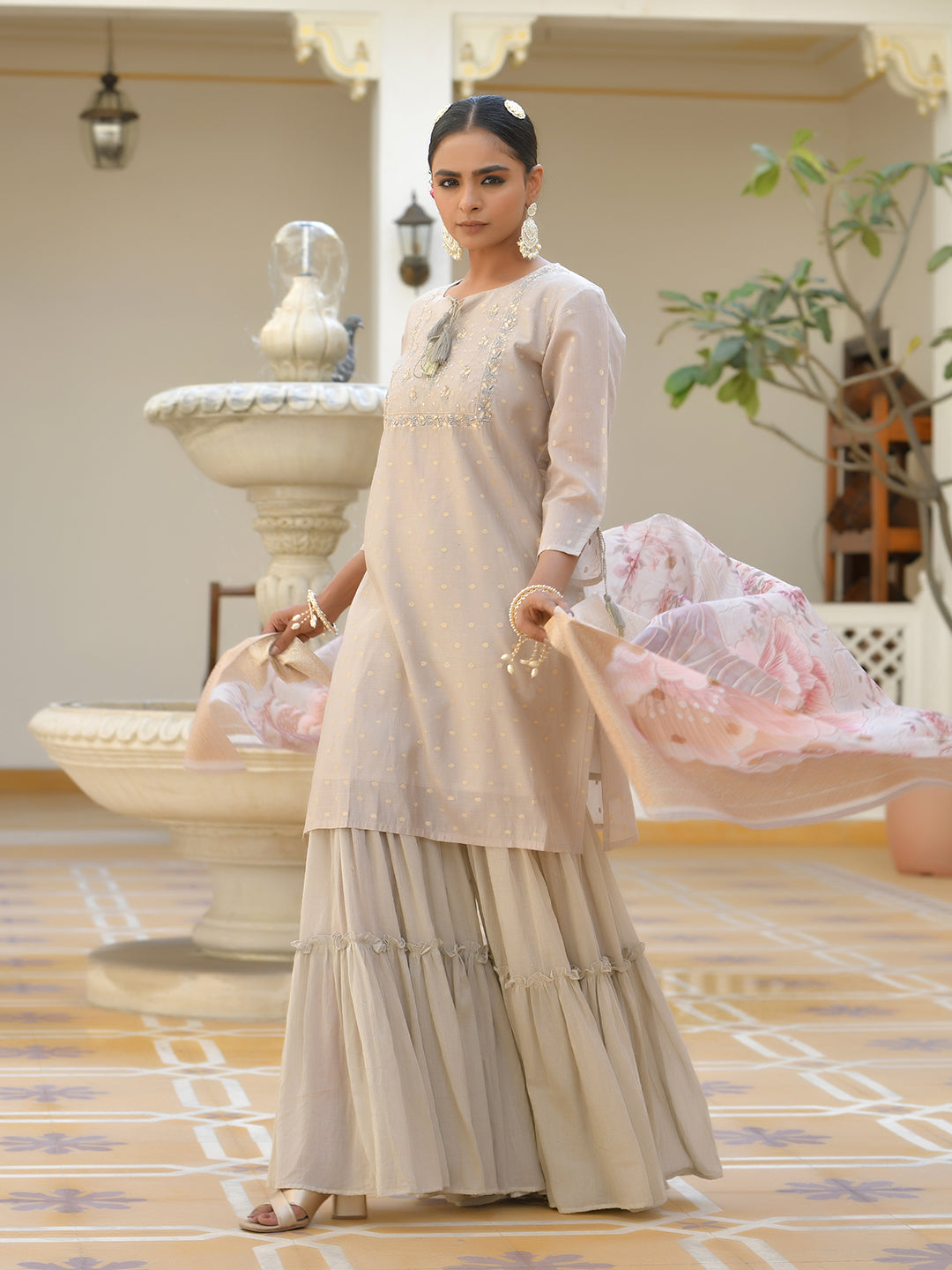 Grey Banarasi Cotton Garara Suit Set