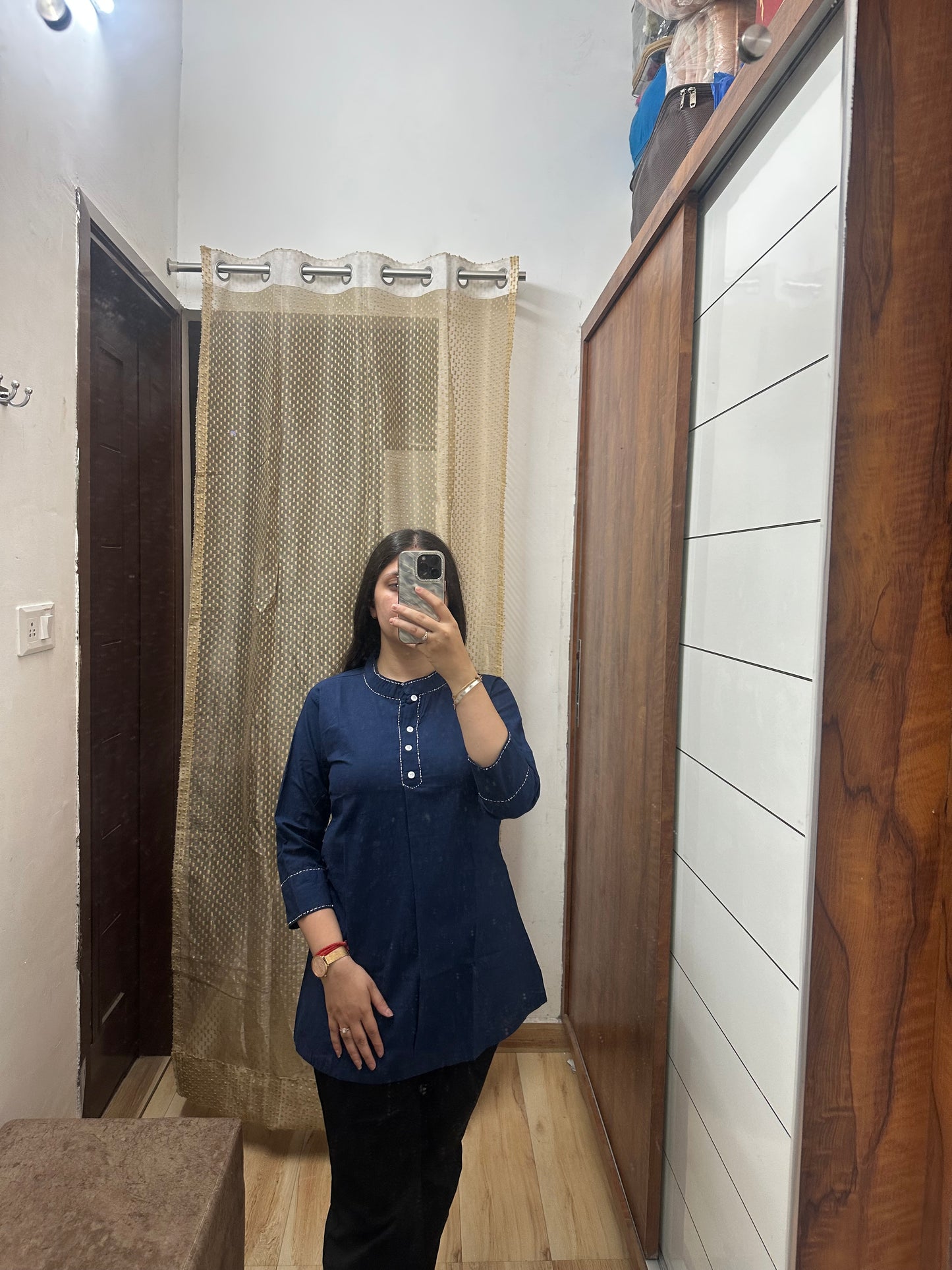 Solid Navy Blue Cotton Kurti Top – Pleated Front with Stitch Detailing