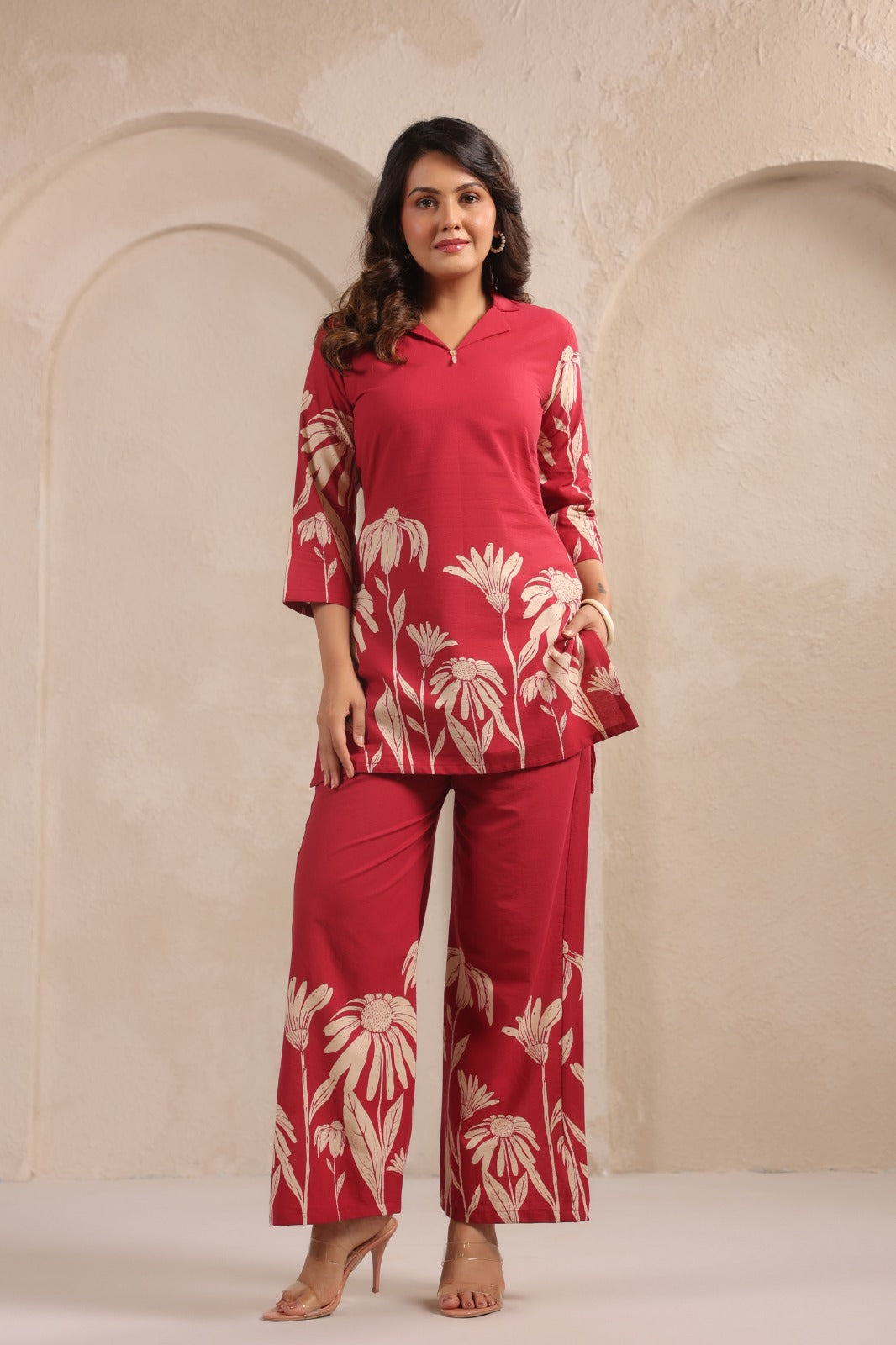 Maroon Giza Cotton Floral Printed Co-ord Set for Women