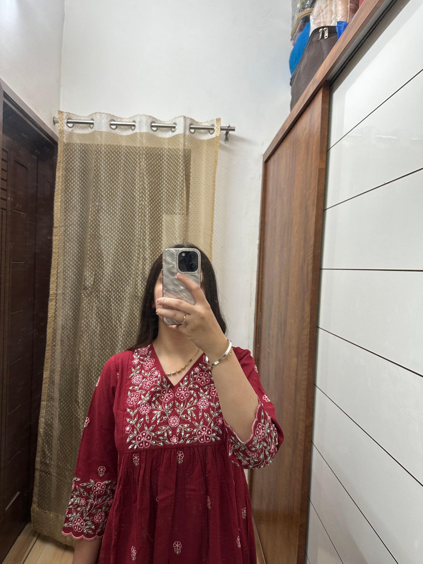 Maroon Embroidered Cotton Kurta Set