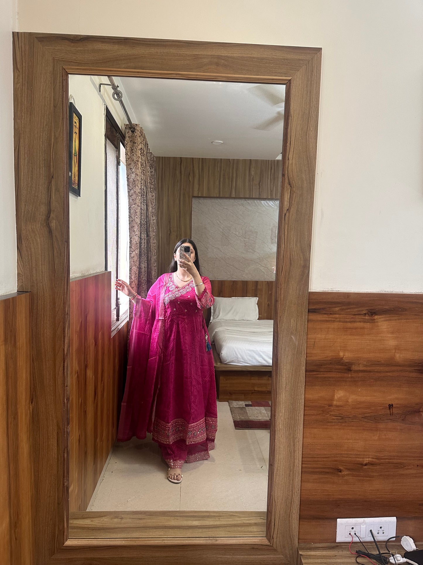 Rani Pink Anarkali Suit with Loose Sharara Pants & Dupatta
