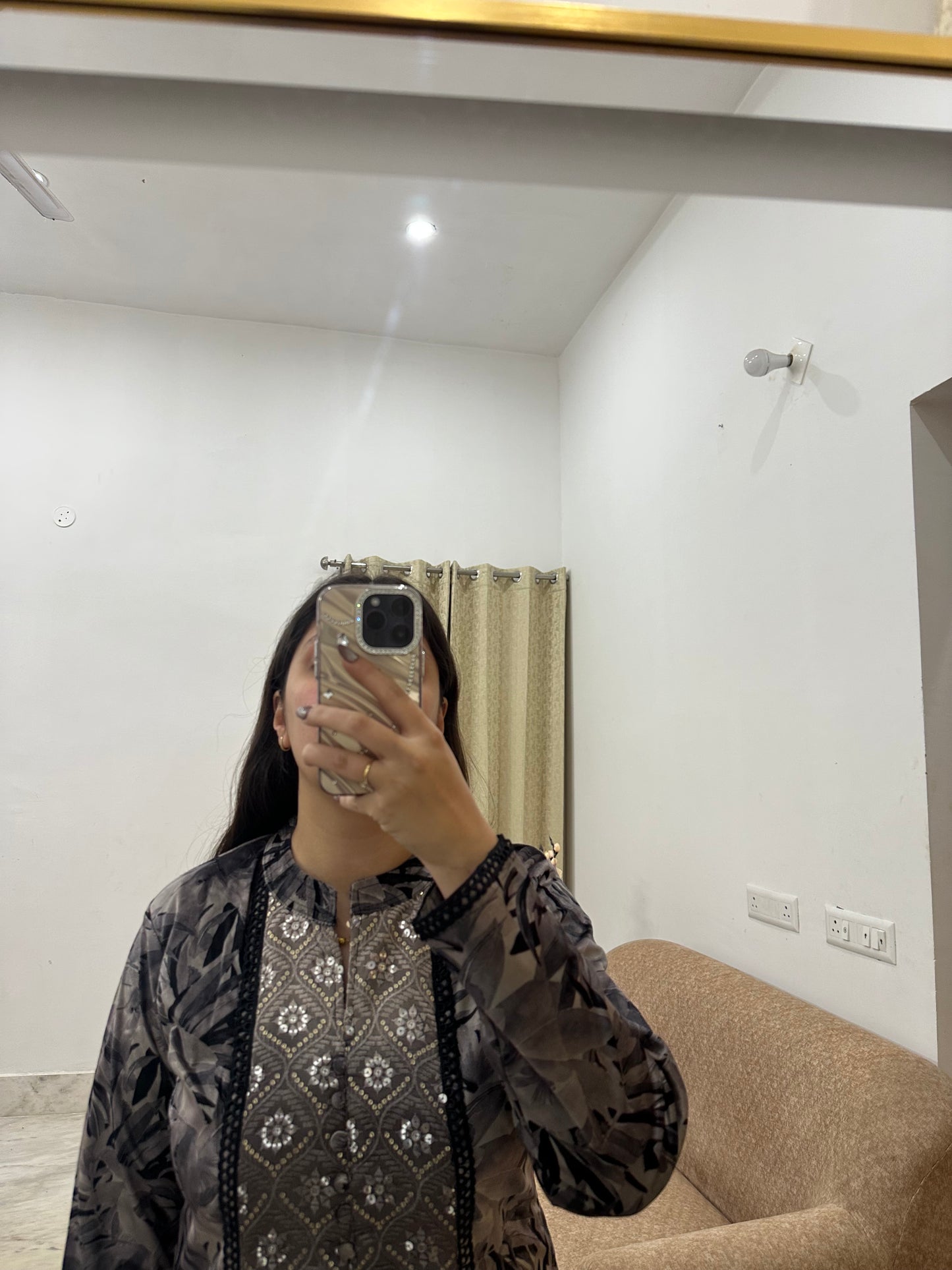 Black & Grey Printed Kurta Set with Full-Sleeve Overlay Design