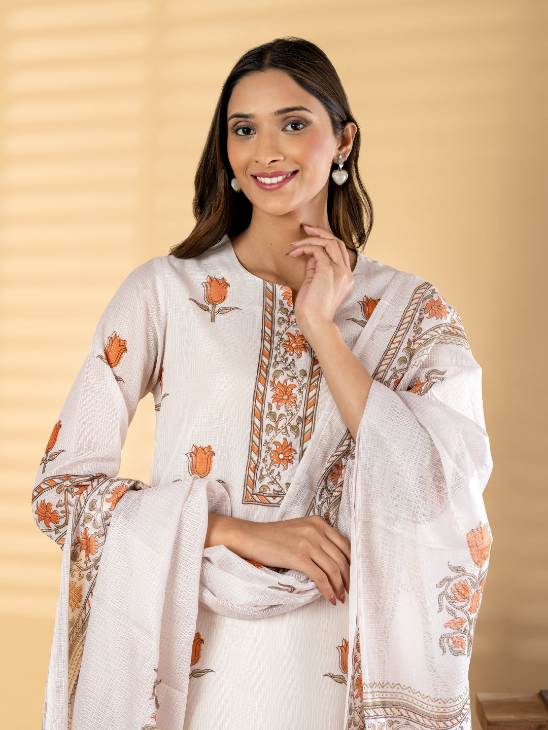 Cream Cota Doria Floral Suit Set with Dupatta