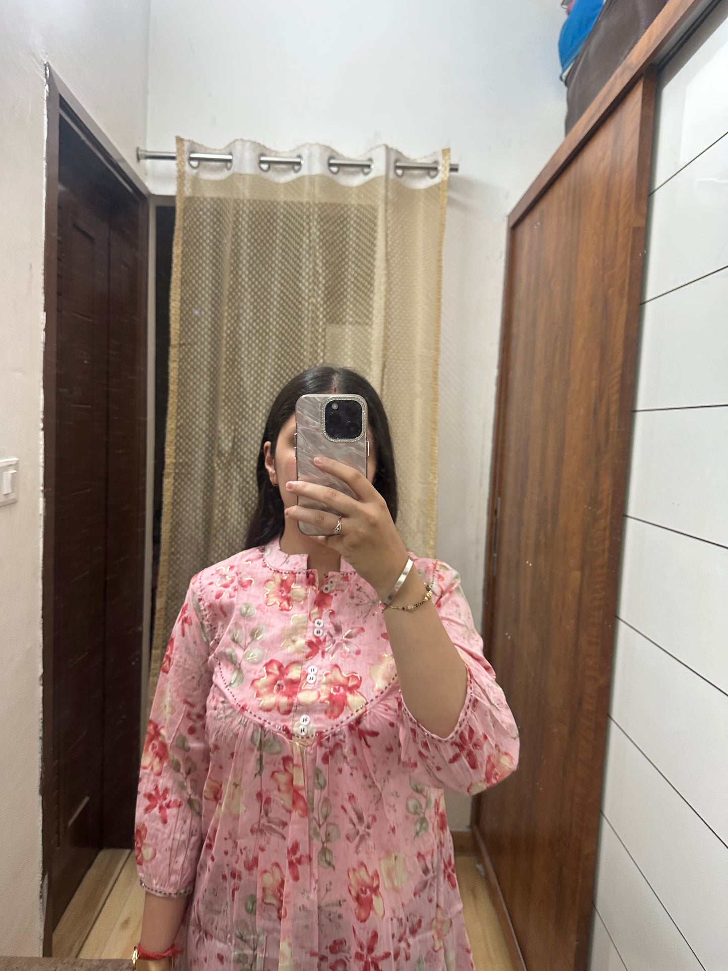 Pink Floral A-Line Cotton Kurti Top – Soft Gathered Yoke with Lace Button Detail