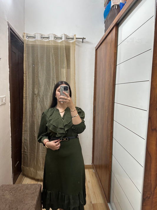 Olive Green Ruffle Midi Dress with Belted Waist