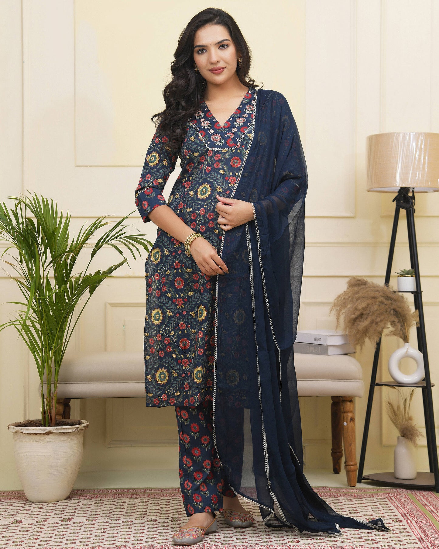 Navy Blue Pure Cotton Printed Suit Set
