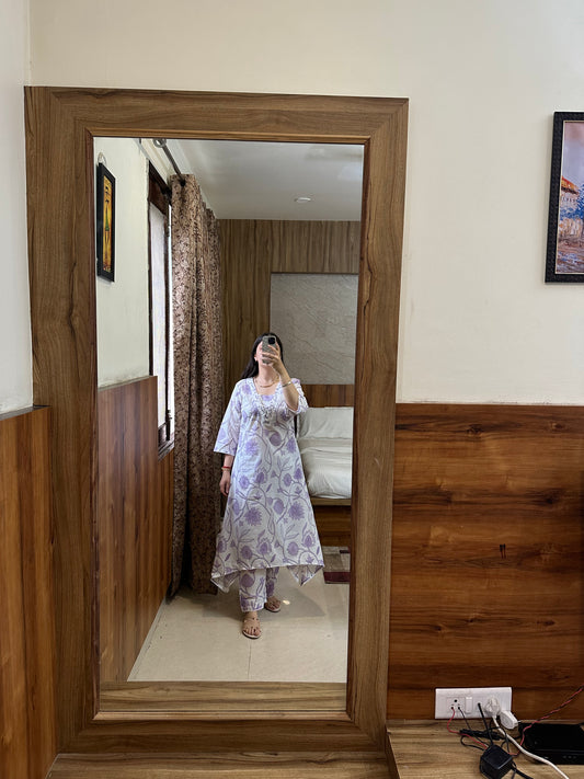 Lavender Floral Printed Asymmetrical Kurta Set