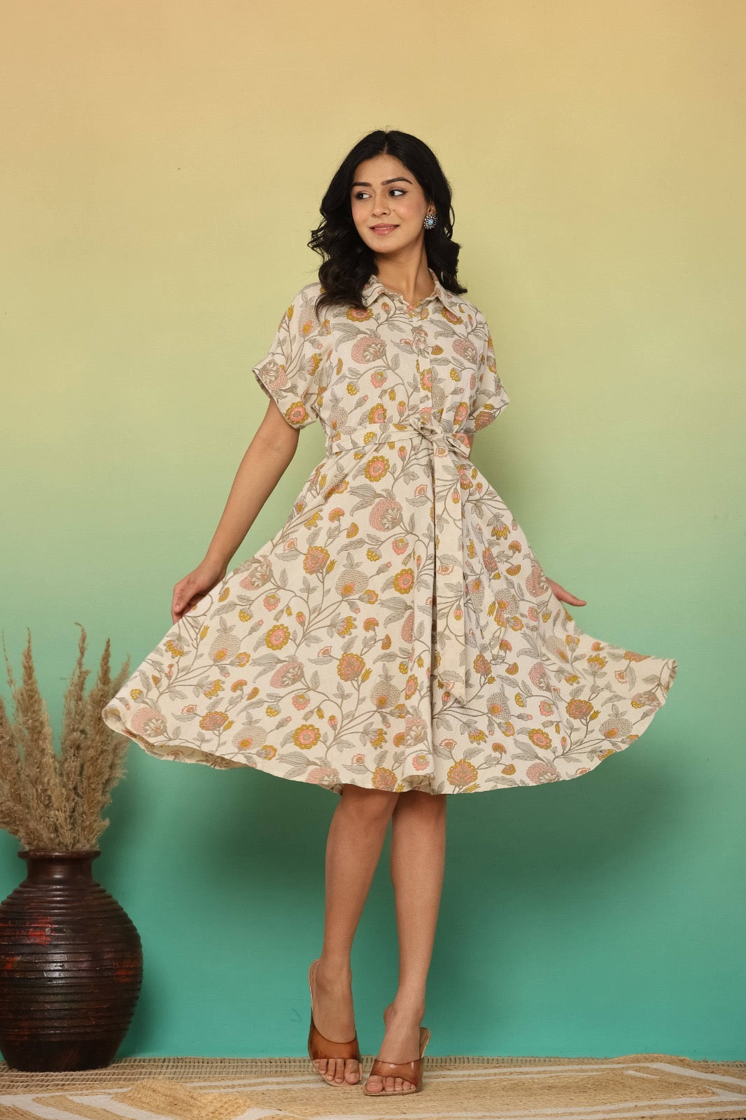 Beige Floral Cotton Fit & Flare Dress for Women