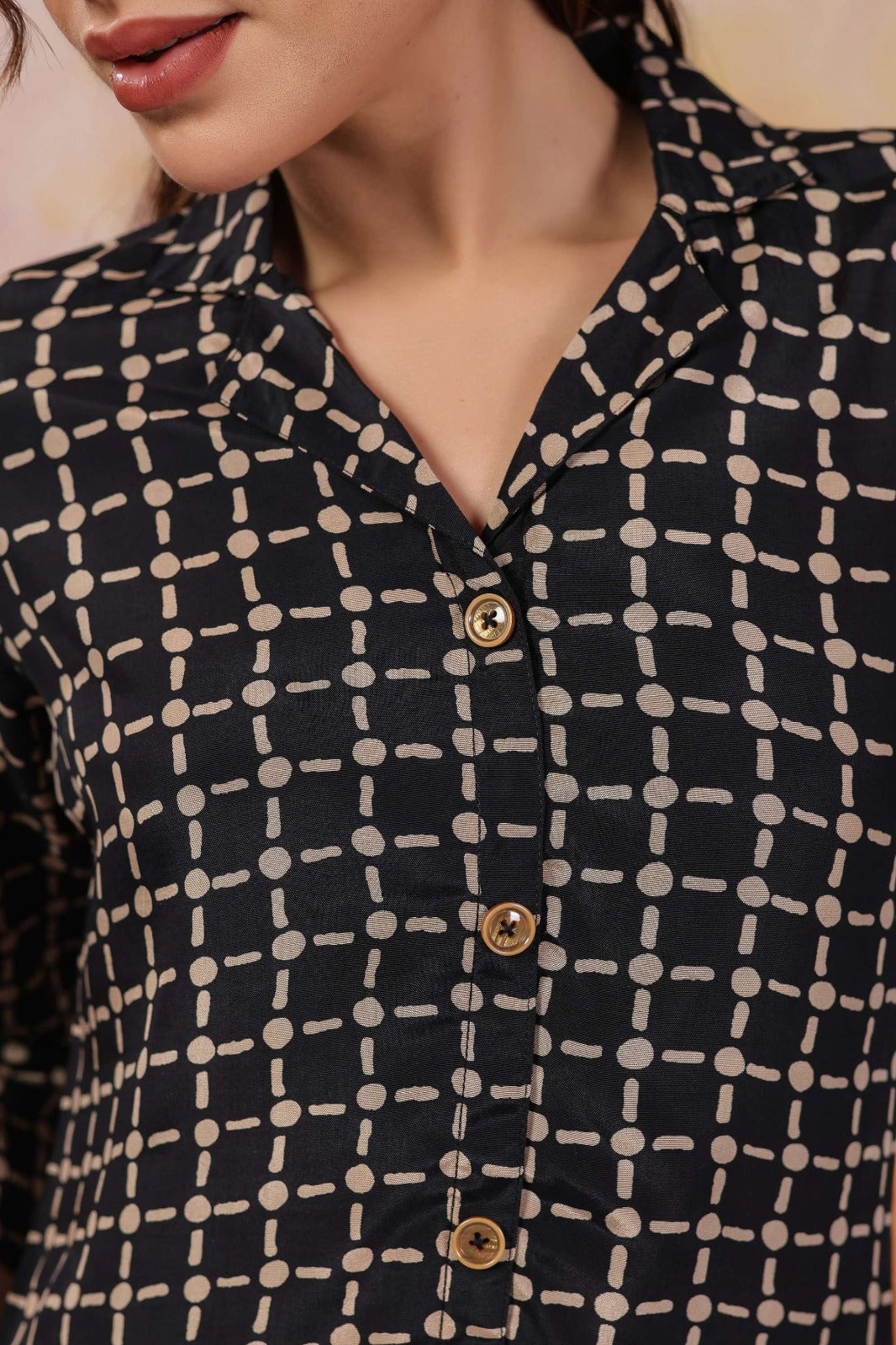 Black Russian Silk Button Top