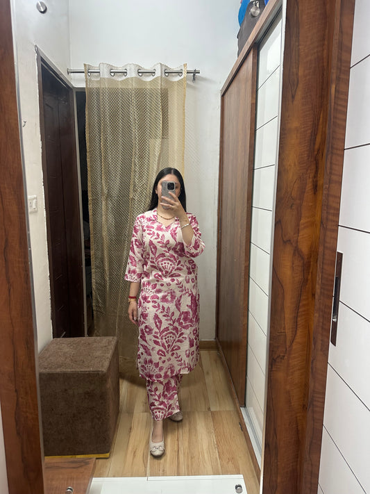 Cotton Printed Kurta Set for Women – Pink Floral Straight Suit Set with Pants