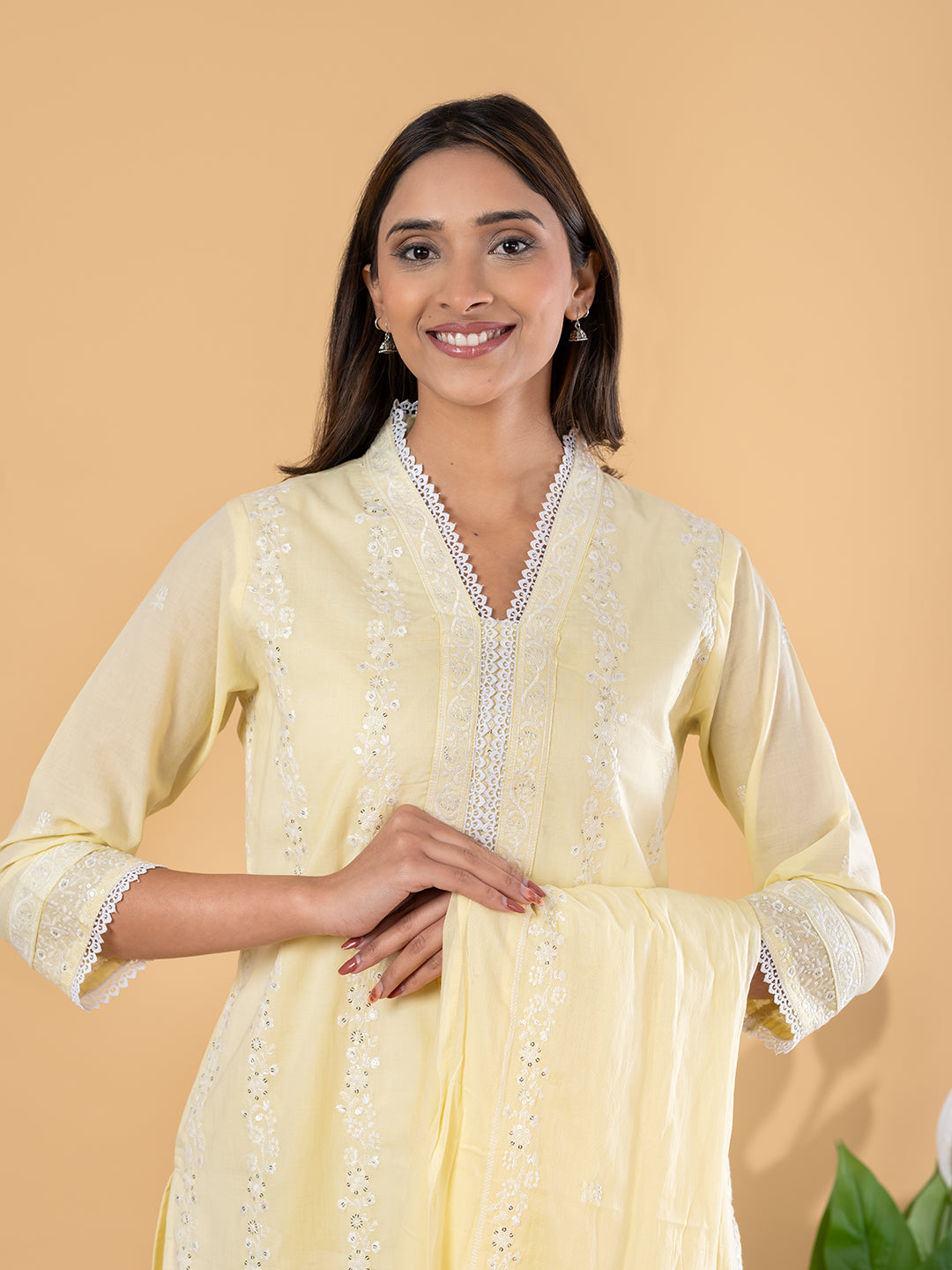 Lime Yellow Cotton Suit Set with Dupatt