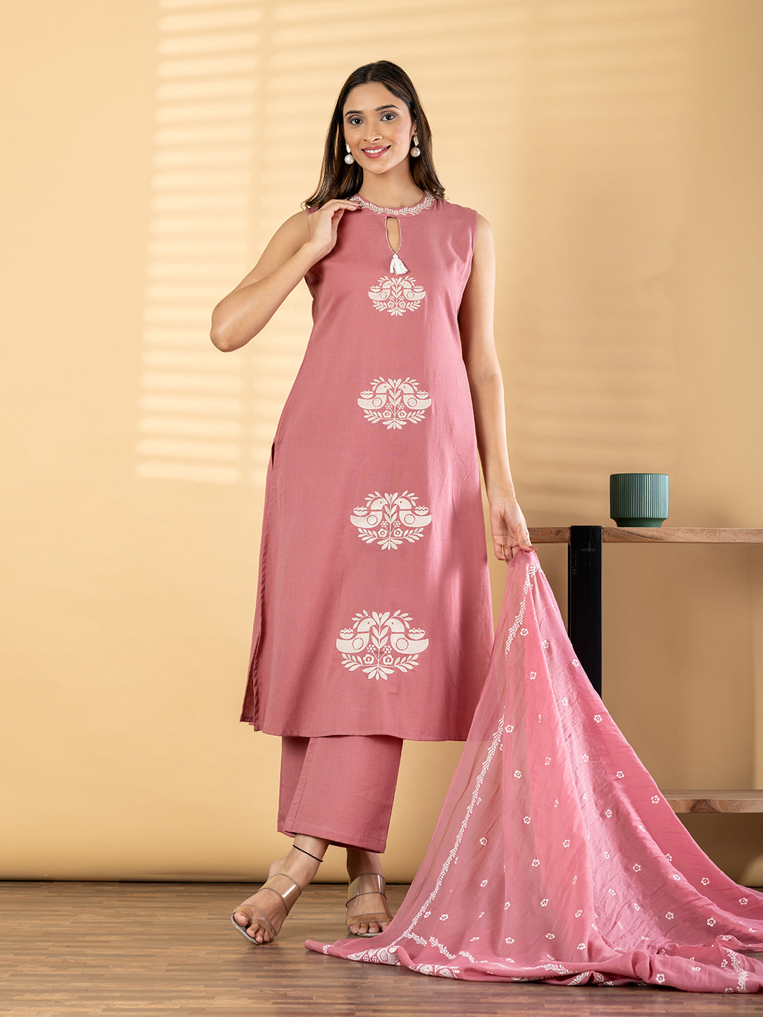 Dusty Rose Cotton Kurta Set with Dupatta