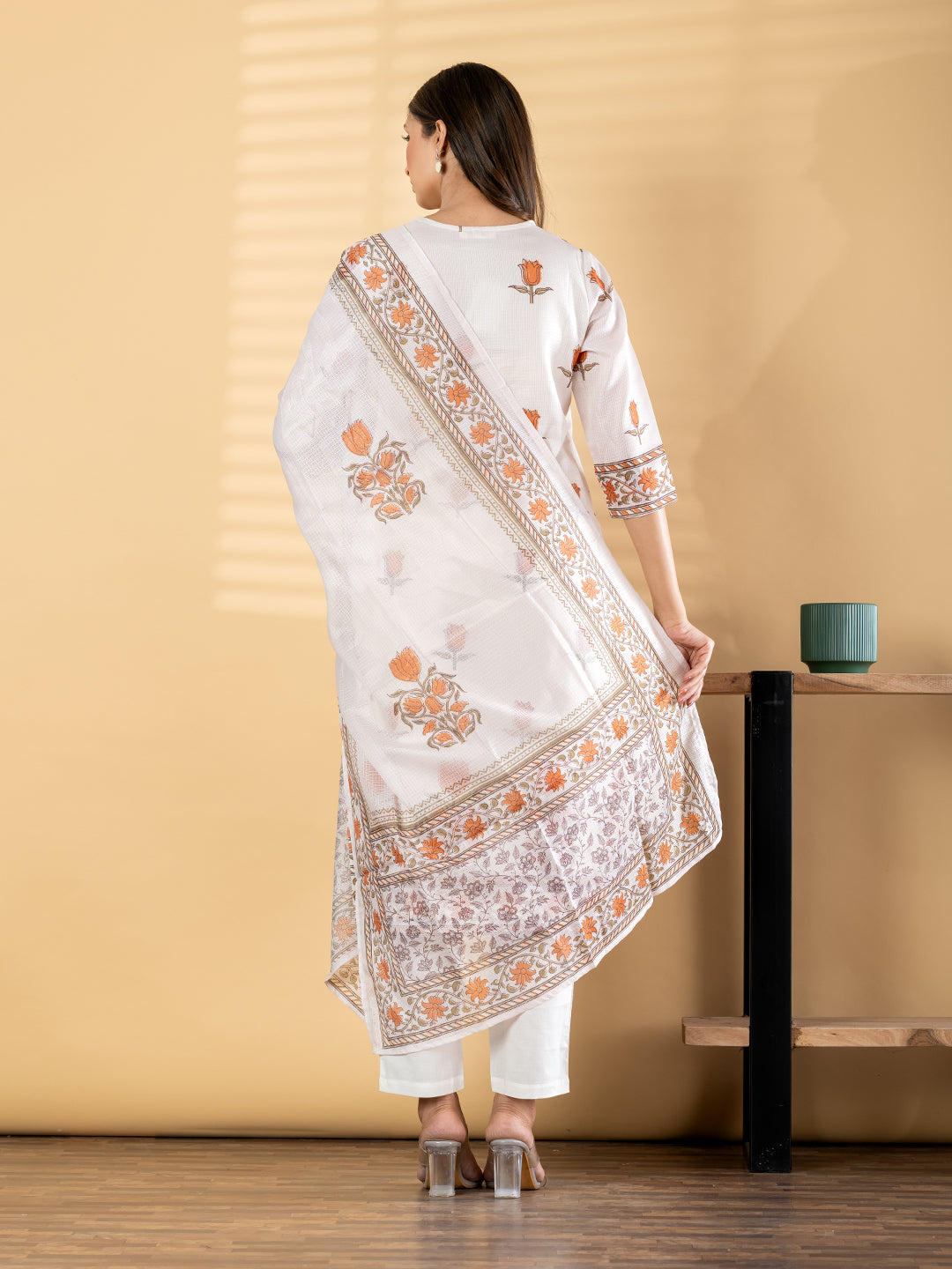 Cream Cota Doria Floral Suit Set with Dupatta