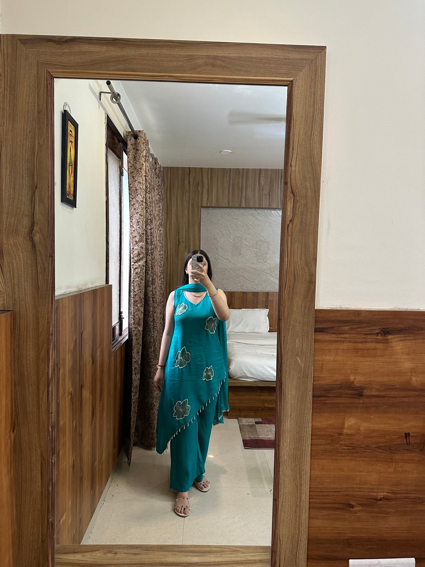 Teal Cotton Asymmetrical Kurta Set with Floral Embellishments