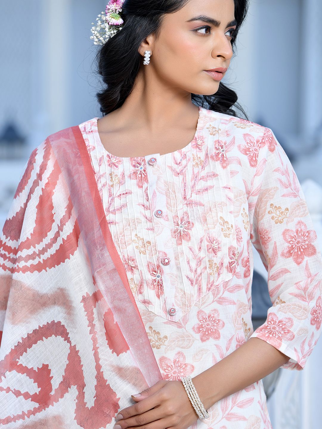 Cream Linen Cotton 3-Piece Suit Set