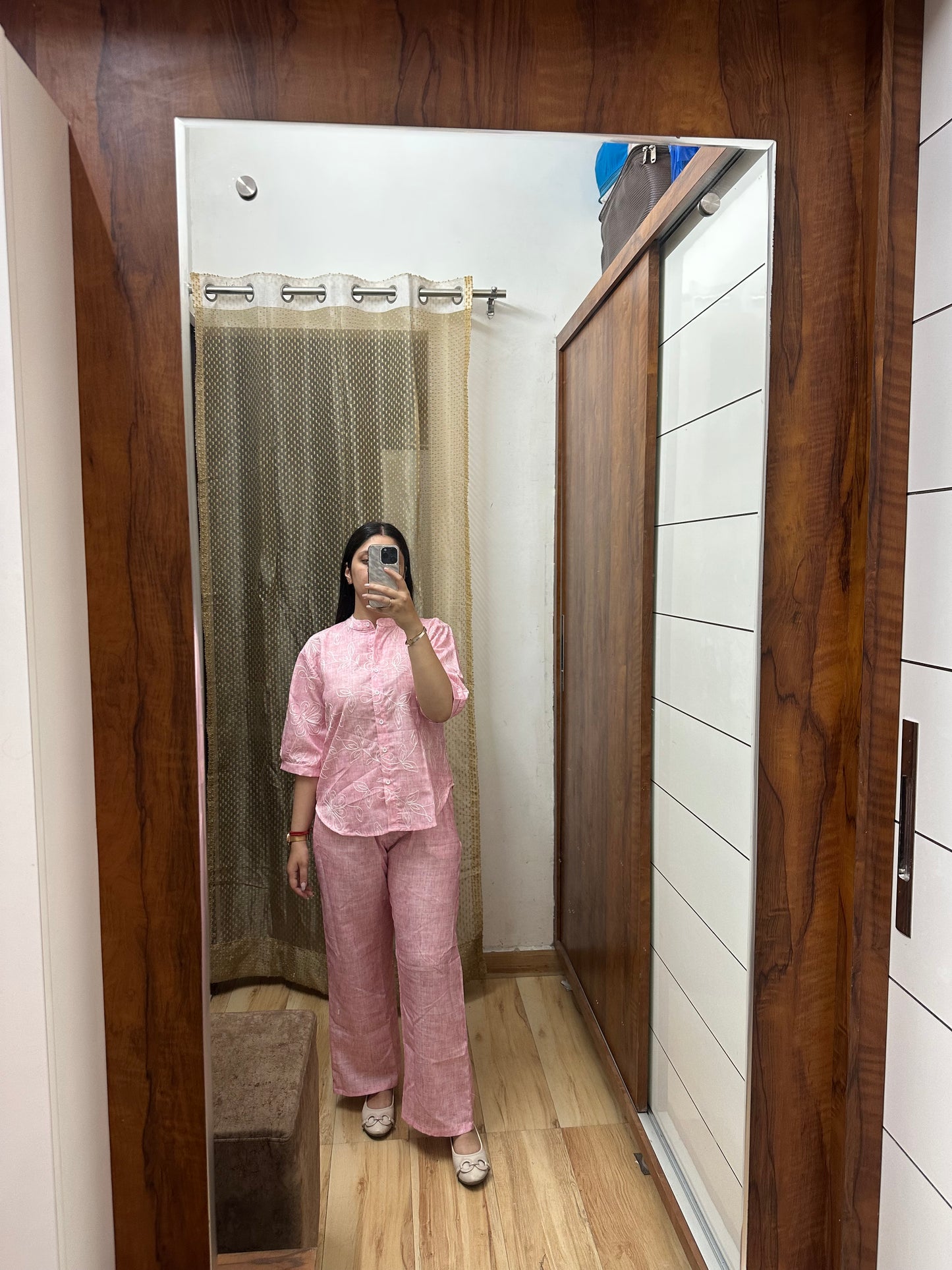 Blush Pink Linen Coord Set with Subtle Self-Print