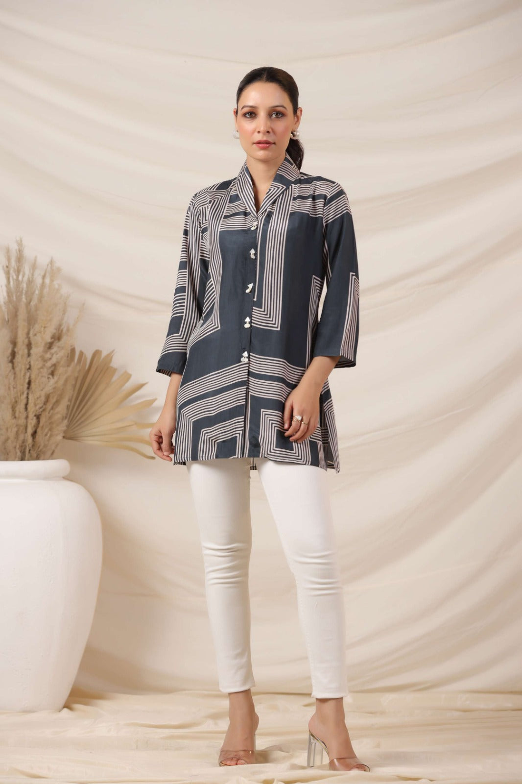 Charcoal Grey Russian Silk Button Top