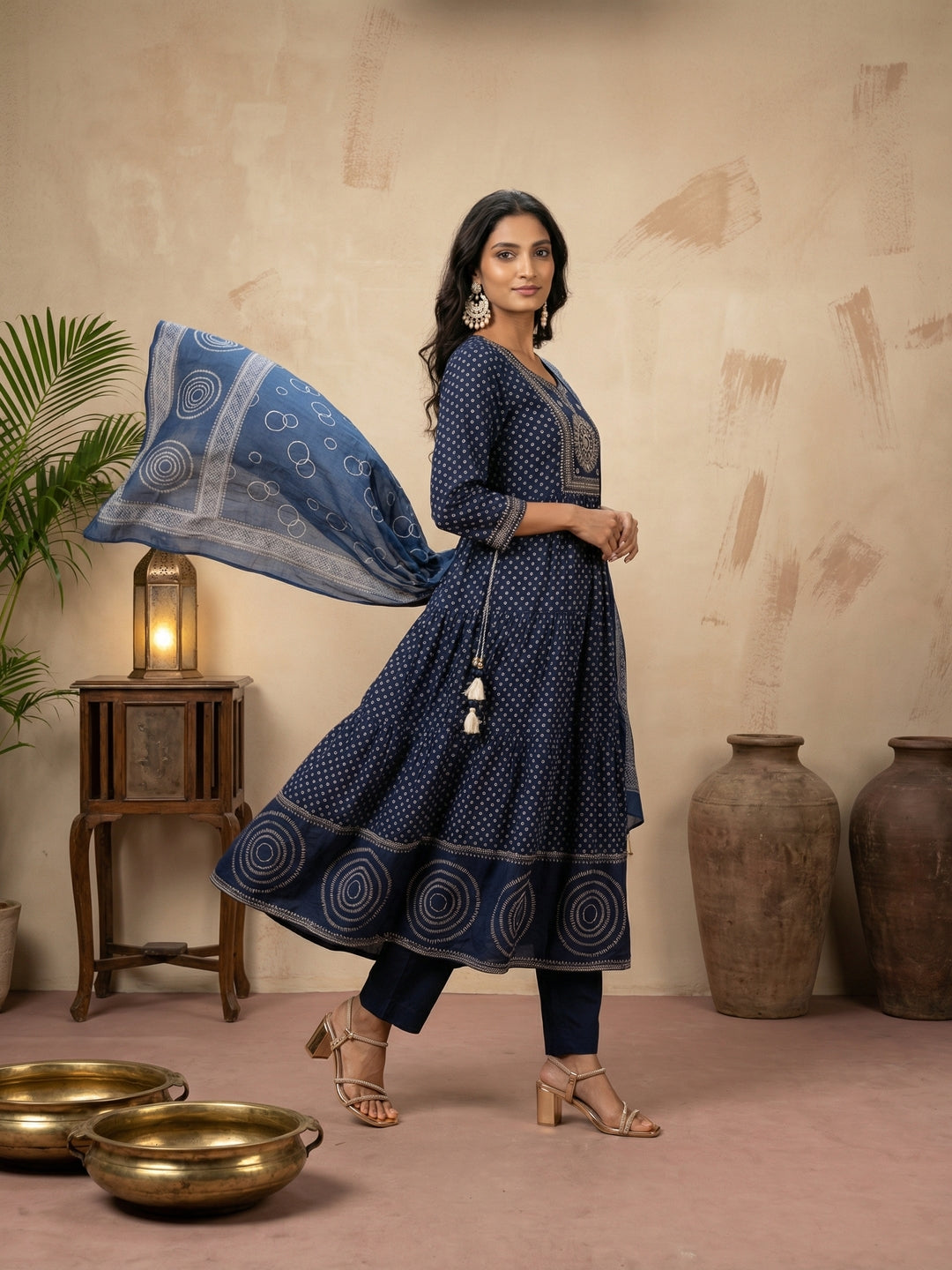 Navy Blue Cotton Anarkali Suit Set with Thread Work & Rajasthani Print