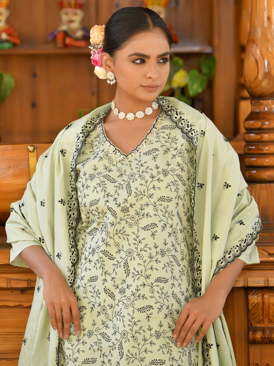 Pastel Green Cotton 3-Piece Suit Set