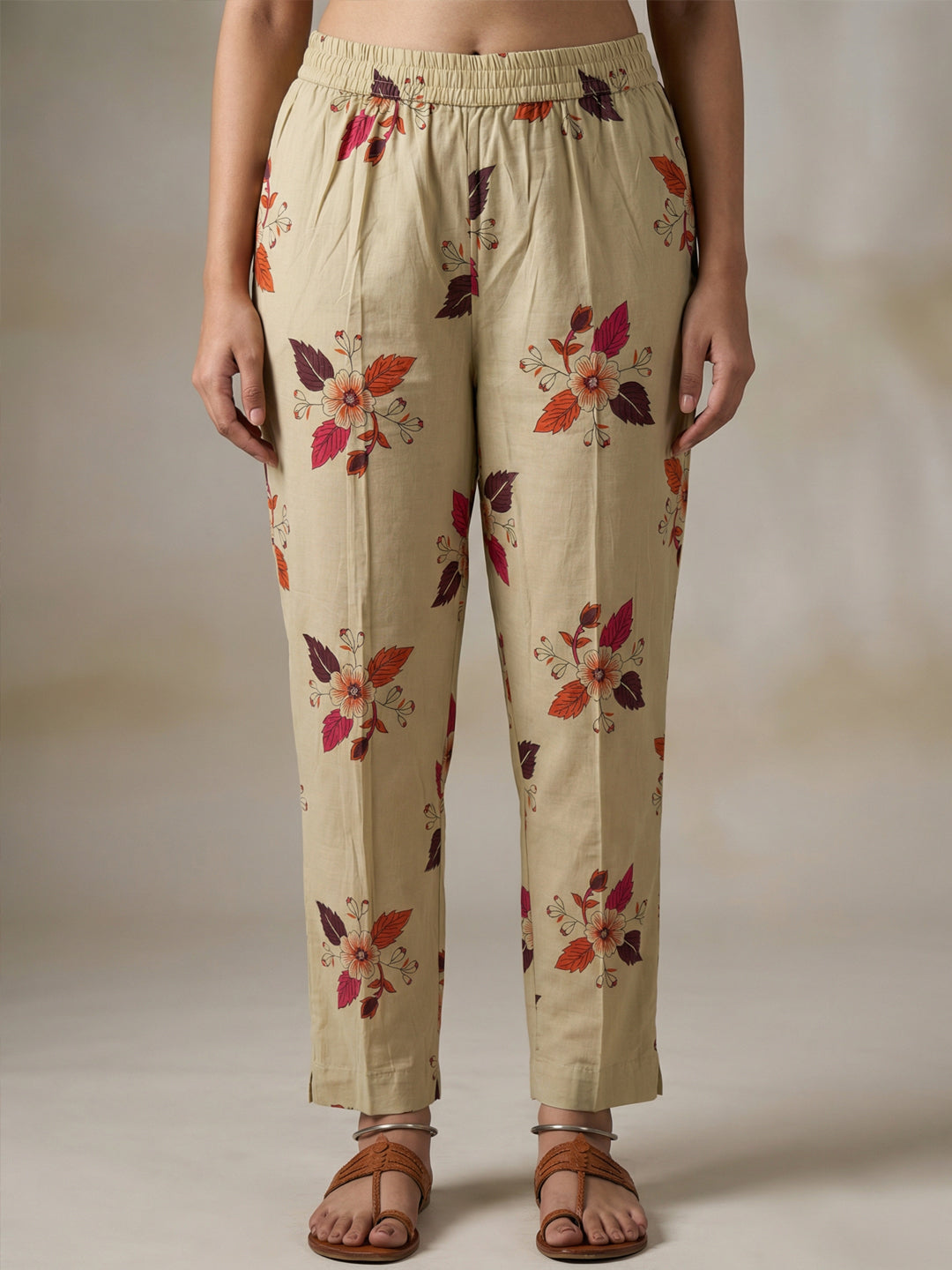 Beige Floral Cotton Anarkali Suit Set for Women