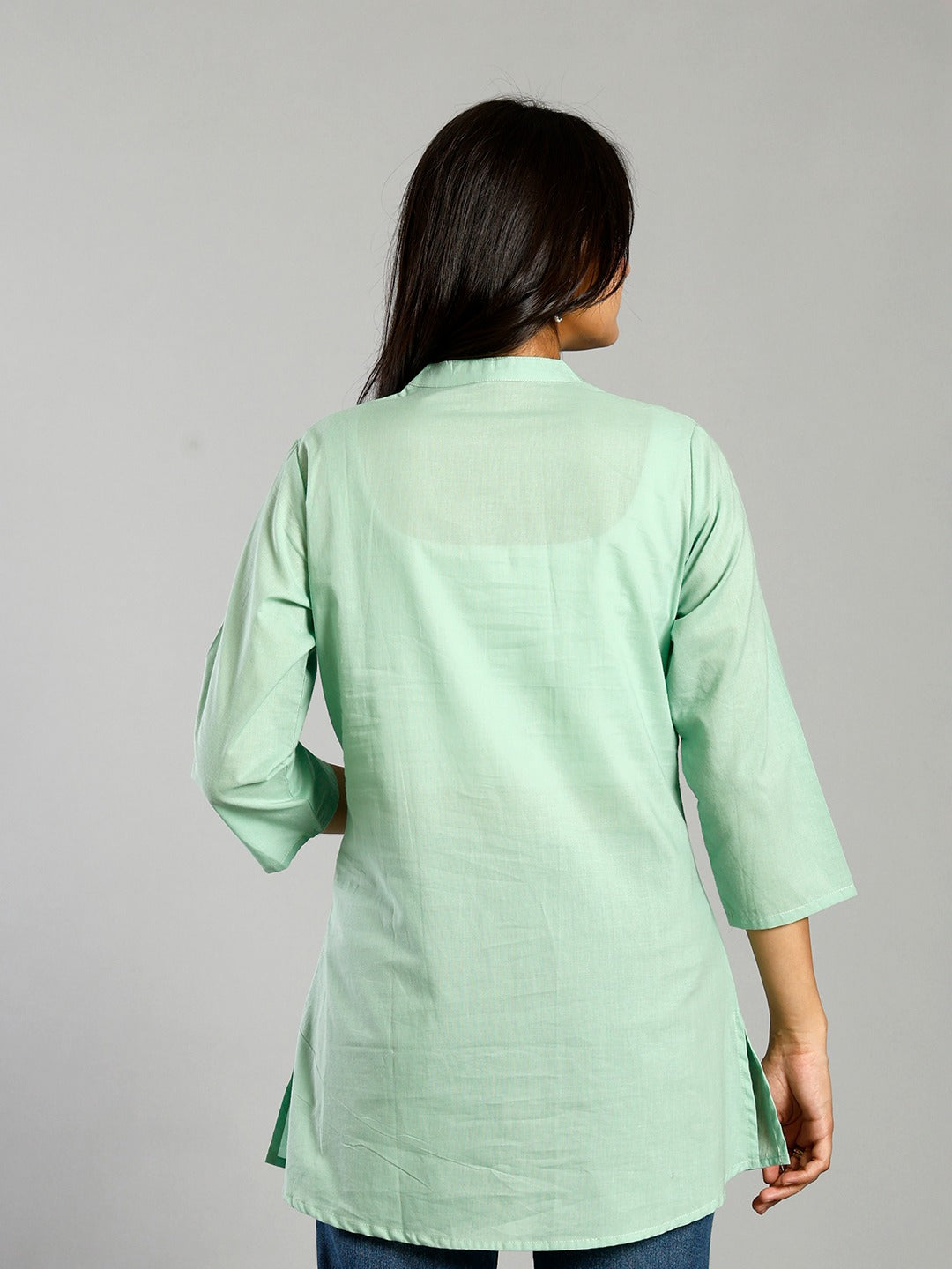 Green Cotton Chikankari Kurti Top – Thread Embroidered