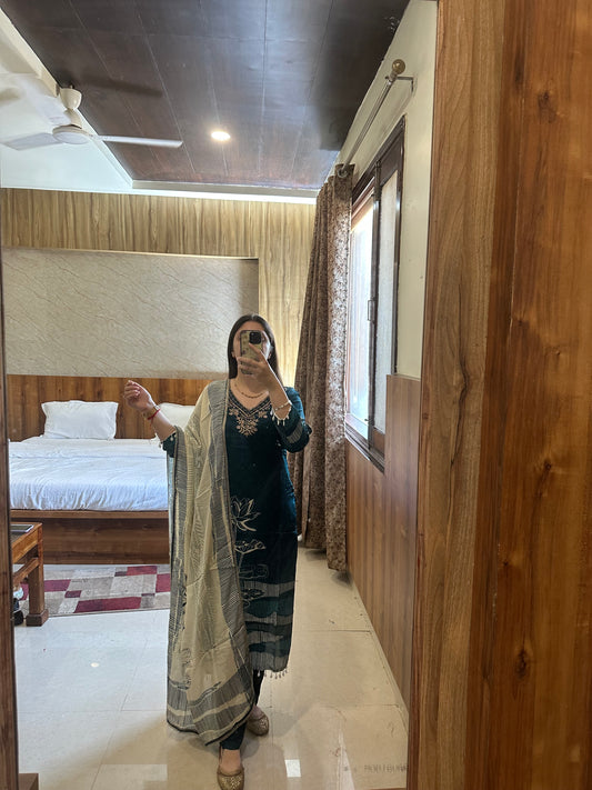 Pure Crepe Printed Blue Suit with Cream Muslin Embellished Dupatta