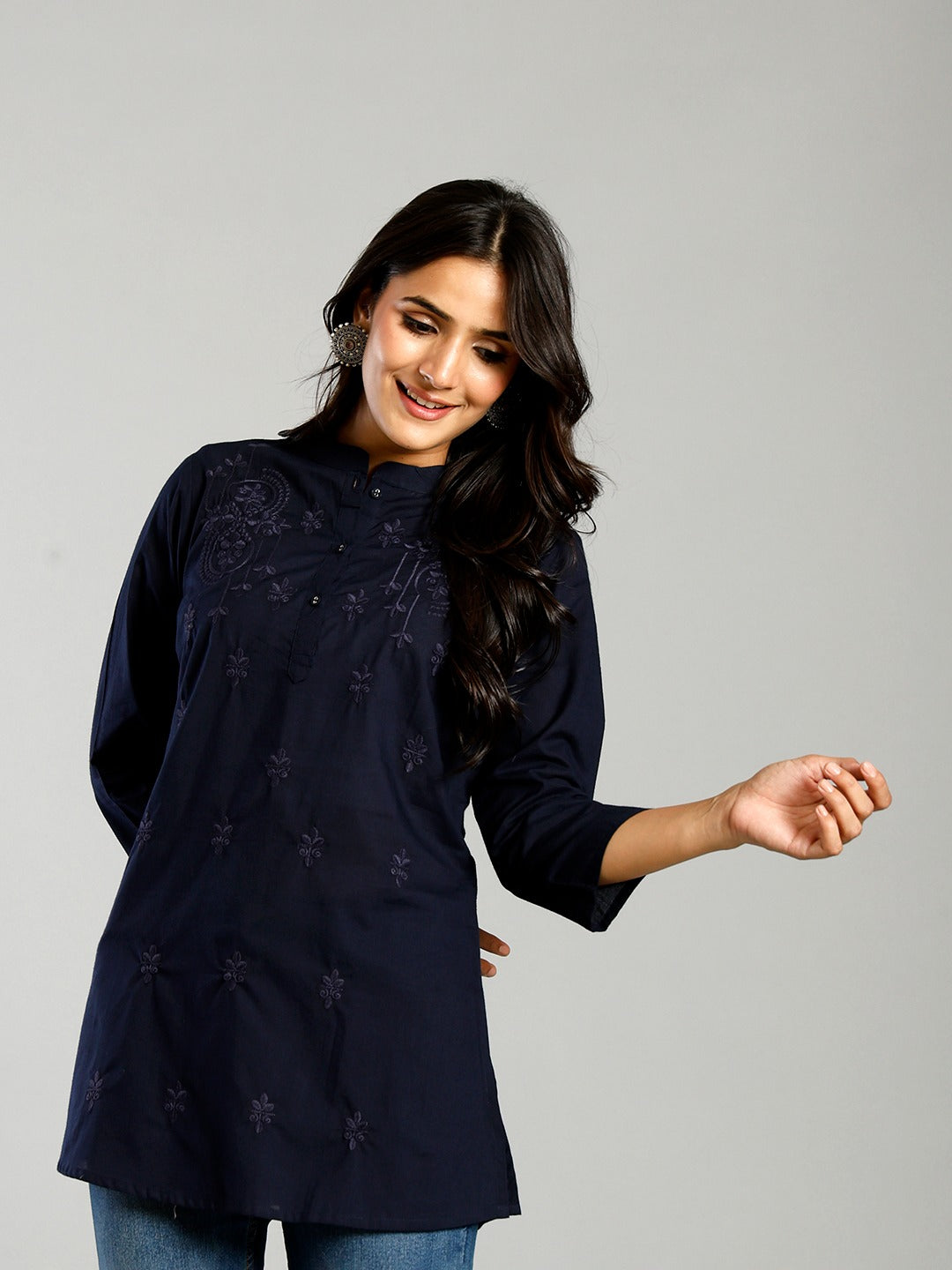 Navy Blue Cotton Chikankari Kurti Top – Thread Embroidered