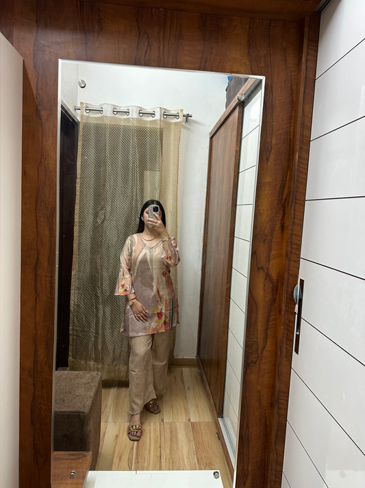 Elegant Beige Floral Printed Kurti and Trouser Set